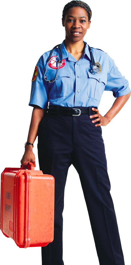 Young female African American paramedic holding gear